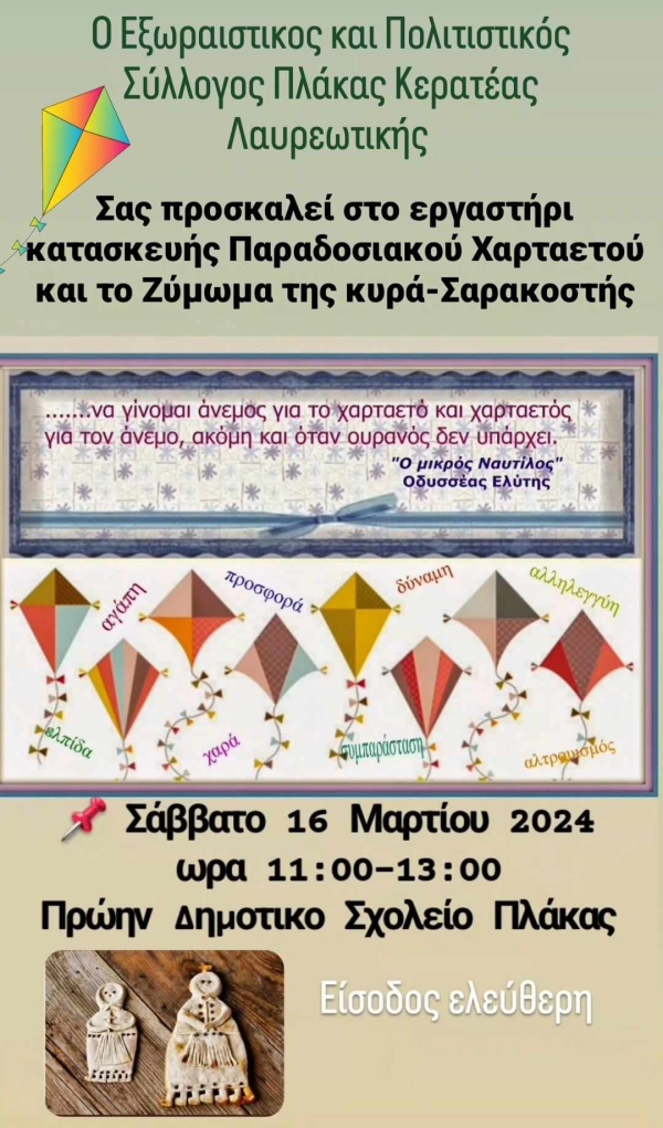 Ο Εξωραϊστικός και Πολιτιστικός Σύλλογος Πλάκας Κερατέας – Λαυρεωτικής σας προσκαλεί στο Εργαστήρι  κατασκευής Παραδοσιακού Χαρταετού και το Ζύμωμα της κυρά Σαρακοστής με τα 7 πόδια.